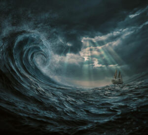 illustration of the ship in the storm, gigantic waves
